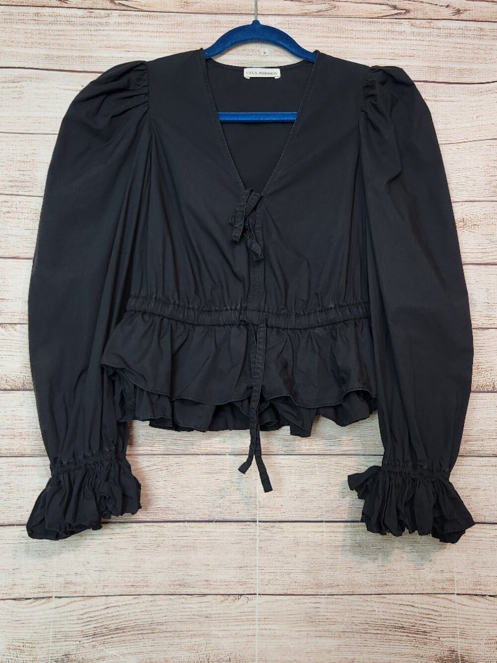 Ulla Johnson Blouse Women's 4 Boho Puff Sleeve Peplum Cotton Black Tie Neck Crop
